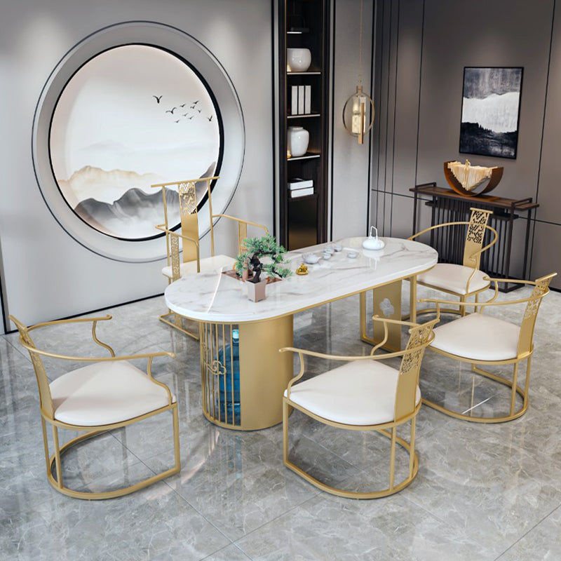 Traditional Luxury Oval Dining Table Sintered Stone Table with Gold Double Pedestal for Dining Room Clearhalo ' dining_table' 'Dining Tables & Seating' 'Dining Tables' 'furn' 'furn_dining_table' 'Furniture' 'furniture_dining_table' 'Kitchen & Dining Furniture' 'kitchen&dining_furn' 'kitchen' 'kitchen_dining_table' 3864097