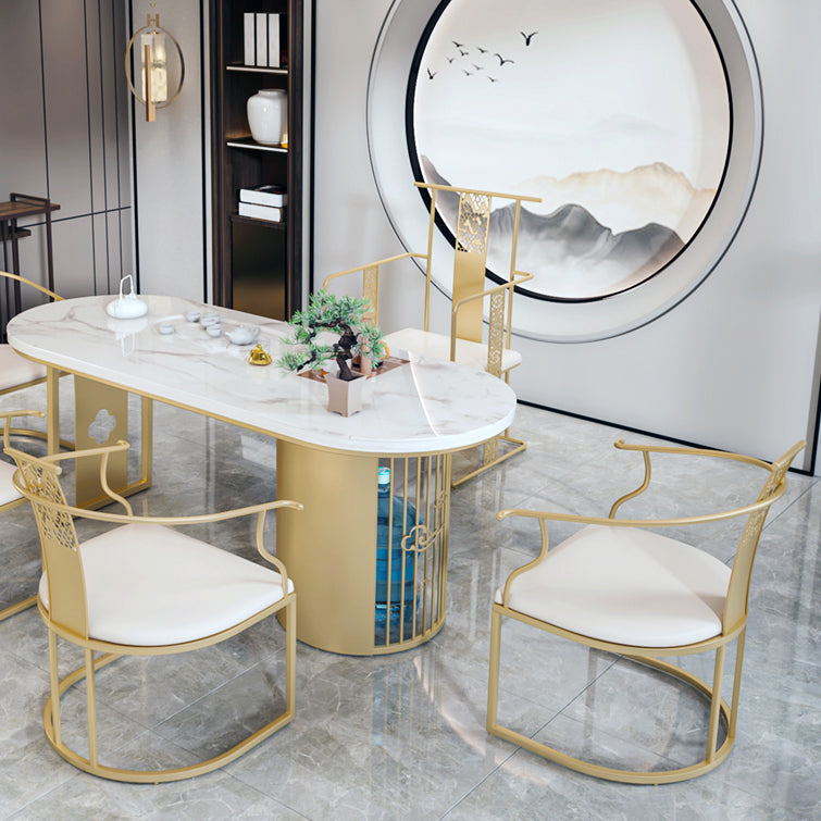 Traditional Luxury Oval Dining Table Sintered Stone Table with Gold Double Pedestal for Dining Room Clearhalo ' dining_table' 'Dining Tables & Seating' 'Dining Tables' 'furn' 'furn_dining_table' 'Furniture' 'furniture_dining_table' 'Kitchen & Dining Furniture' 'kitchen&dining_furn' 'kitchen' 'kitchen_dining_table' 3864106