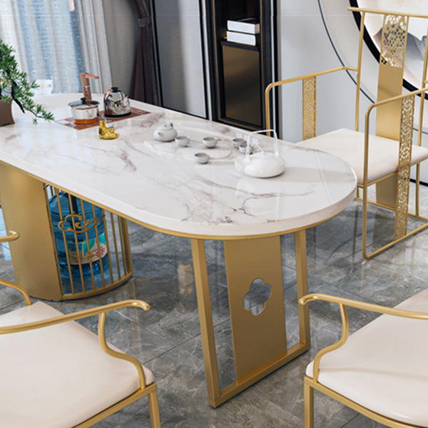 Traditional Luxury Oval Dining Table Sintered Stone Table with Gold Double Pedestal for Dining Room Clearhalo ' dining_table' 'Dining Tables & Seating' 'Dining Tables' 'furn' 'furn_dining_table' 'Furniture' 'furniture_dining_table' 'Kitchen & Dining Furniture' 'kitchen&dining_furn' 'kitchen' 'kitchen_dining_table' 3864107