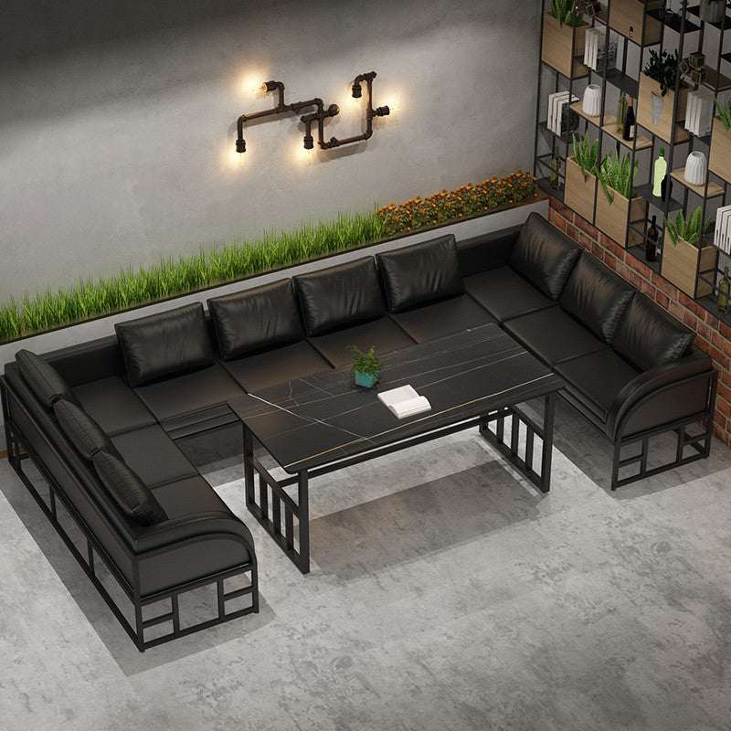 Industrial Dining Room Table Black Sintered Stone Table with Black Trestle Base Clearhalo ' dining_table' 'Dining Tables & Seating' 'Dining Tables' 'furn' 'furn_dining_table' 'Furniture' 'furniture_dining_table' 'Kitchen & Dining Furniture' 'kitchen&dining_furn' 'kitchen' 'kitchen_dining_table' 3864277