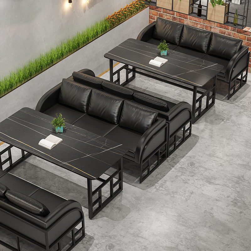 Industrial Dining Room Table Black Sintered Stone Table with Black Trestle Base Clearhalo ' dining_table' 'Dining Tables & Seating' 'Dining Tables' 'furn' 'furn_dining_table' 'Furniture' 'furniture_dining_table' 'Kitchen & Dining Furniture' 'kitchen&dining_furn' 'kitchen' 'kitchen_dining_table' 3864279