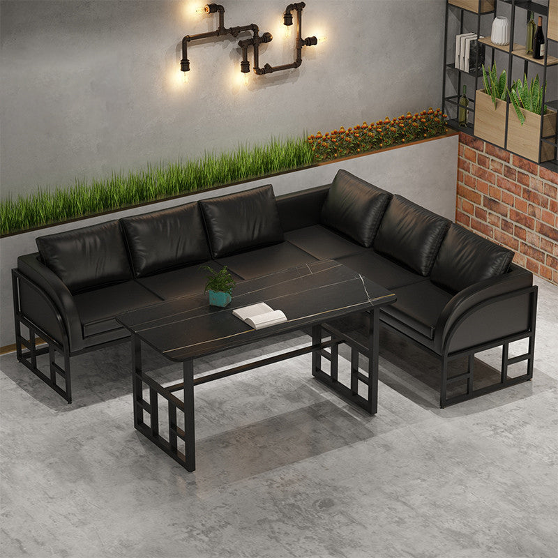 Industrial Dining Room Table Black Sintered Stone Table with Black Trestle Base Clearhalo ' dining_table' 'Dining Tables & Seating' 'Dining Tables' 'furn' 'furn_dining_table' 'Furniture' 'furniture_dining_table' 'Kitchen & Dining Furniture' 'kitchen&dining_furn' 'kitchen' 'kitchen_dining_table' 3864281