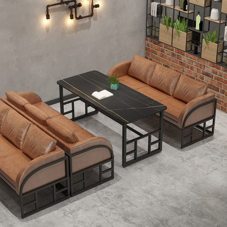 Industrial Dining Room Table Black Sintered Stone Table with Black Trestle Base Clearhalo ' dining_table' 'Dining Tables & Seating' 'Dining Tables' 'furn' 'furn_dining_table' 'Furniture' 'furniture_dining_table' 'Kitchen & Dining Furniture' 'kitchen&dining_furn' 'kitchen' 'kitchen_dining_table' 3864286