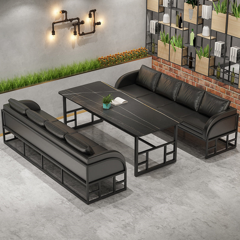 Industrial Dining Room Table Black Sintered Stone Table with Black Trestle Base Clearhalo ' dining_table' 'Dining Tables & Seating' 'Dining Tables' 'furn' 'furn_dining_table' 'Furniture' 'furniture_dining_table' 'Kitchen & Dining Furniture' 'kitchen&dining_furn' 'kitchen' 'kitchen_dining_table' 3864288