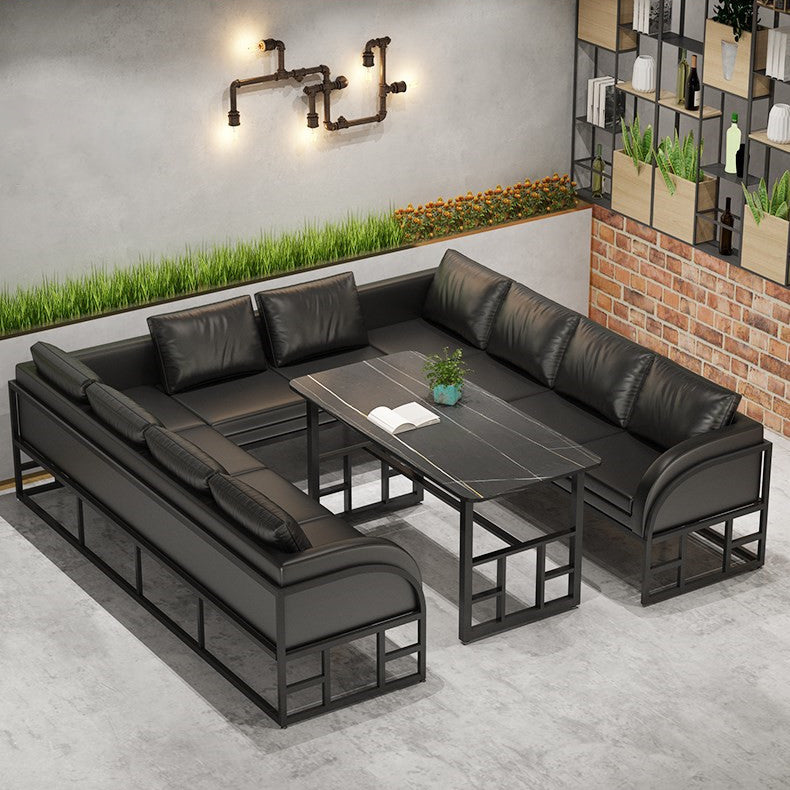 Industrial Dining Room Table Black Sintered Stone Table with Black Trestle Base Clearhalo ' dining_table' 'Dining Tables & Seating' 'Dining Tables' 'furn' 'furn_dining_table' 'Furniture' 'furniture_dining_table' 'Kitchen & Dining Furniture' 'kitchen&dining_furn' 'kitchen' 'kitchen_dining_table' 3864289