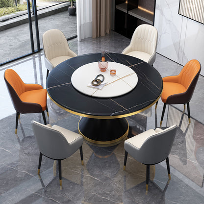 Glam Sintered Stone Round Shape Dining Table Kitchen Standard Dining Table with Pedestal Base Black Without Chairs Clearhalo ' dining_table' 'Dining Tables & Seating' 'Dining Tables' 'furn' 'furn_dining_table' 'Furniture' 'furniture_dining_table' 'Kitchen & Dining Furniture' 'kitchen&dining_furn' 'kitchen' 'kitchen_dining_table' 3864448