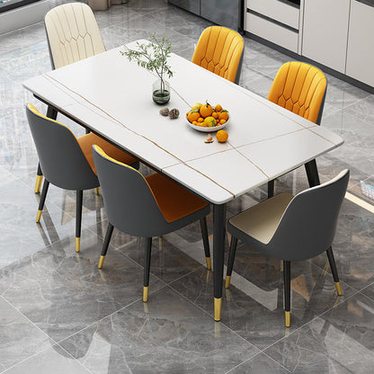 Industrial Style Home Sintered Stone Dining Table Rectangle Table with 4 Legs Carbon Steel Base White Gold Without Chairs Clearhalo ' dining_table' 'Dining Tables & Seating' 'Dining Tables' 'furn' 'furn_dining_table' 'Furniture' 'furniture_dining_table' 'Kitchen & Dining Furniture' 'kitchen&dining_furn' 'kitchen' 'kitchen_dining_table' 3864538