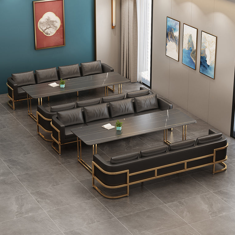Industrial Sintered Stone Dinner Room Kitchen Table Black Table with Gold Frame for Dining Room Clearhalo ' dining_table' 'Dining Tables & Seating' 'Dining Tables' 'furn' 'furn_dining_table' 'Furniture' 'furniture_dining_table' 'Kitchen & Dining Furniture' 'kitchen&dining_furn' 'kitchen' 'kitchen_dining_table' 3864785