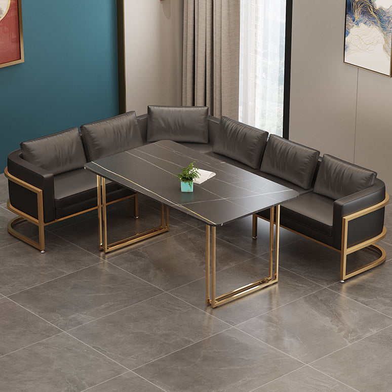 Industrial Sintered Stone Dinner Room Kitchen Table Black Table with Gold Frame for Dining Room Clearhalo ' dining_table' 'Dining Tables & Seating' 'Dining Tables' 'furn' 'furn_dining_table' 'Furniture' 'furniture_dining_table' 'Kitchen & Dining Furniture' 'kitchen&dining_furn' 'kitchen' 'kitchen_dining_table' 3864786