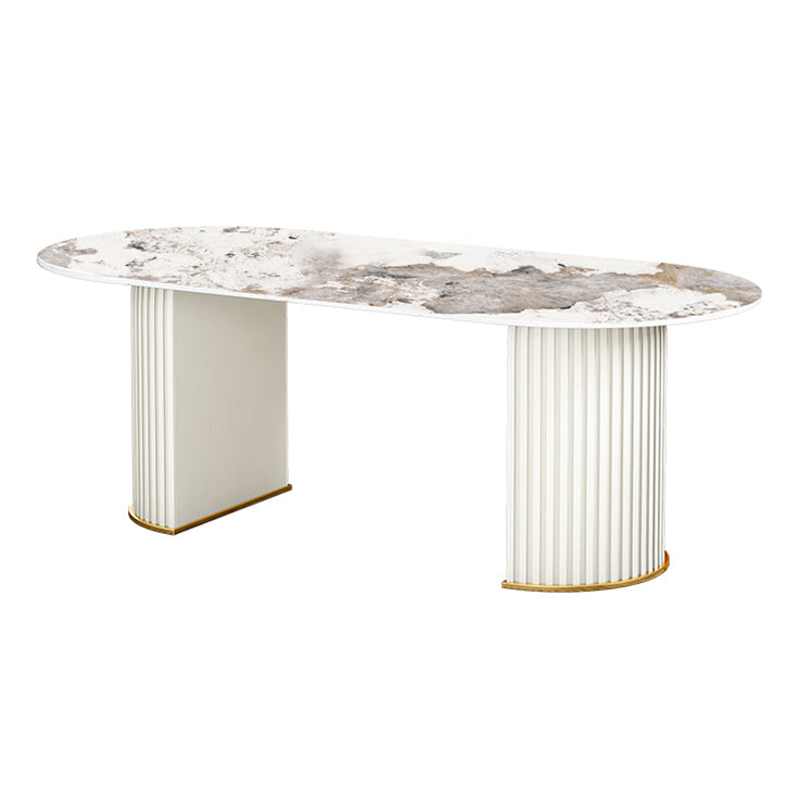 Glam Sintered Stone Dining Table Oval Shape Kitchen Dining Table with Double Pedestal Bases Gray Without Chairs Clearhalo ' dining_table' 'Dining Tables & Seating' 'Dining Tables' 'furn' 'furn_dining_table' 'Furniture' 'furniture_dining_table' 'Kitchen & Dining Furniture' 'kitchen&dining_furn' 'kitchen' 'kitchen_dining_table' 3864809