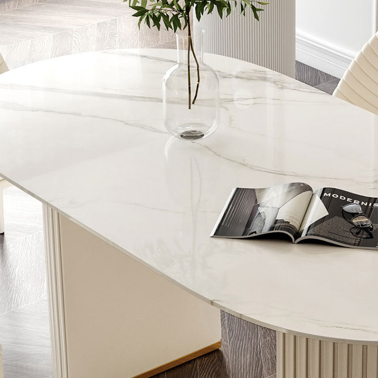 Glam Sintered Stone Dining Table Oval Shape Kitchen Dining Table with Double Pedestal Bases Clearhalo ' dining_table' 'Dining Tables & Seating' 'Dining Tables' 'furn' 'furn_dining_table' 'Furniture' 'furniture_dining_table' 'Kitchen & Dining Furniture' 'kitchen&dining_furn' 'kitchen' 'kitchen_dining_table' 3864814