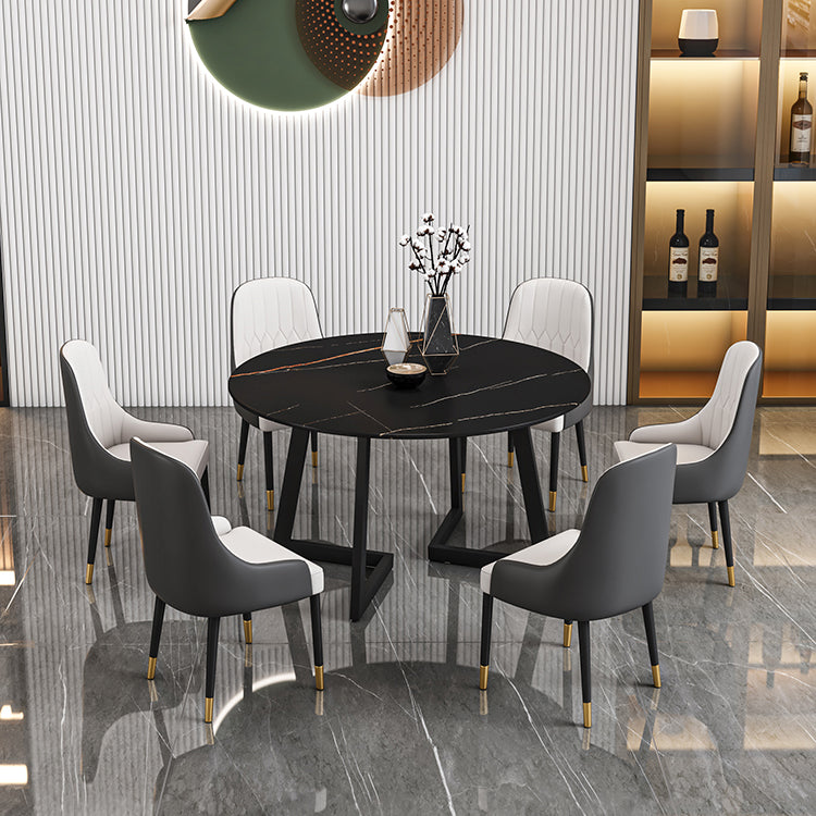 Glam Round Sintered Stone Dining Table Standard Kitchen Dining Table with Double Pedestal Base Clearhalo ' dining_table' 'Dining Tables & Seating' 'Dining Tables' 'furn' 'furn_dining_table' 'Furniture' 'furniture_dining_table' 'Kitchen & Dining Furniture' 'kitchen&dining_furn' 'kitchen' 'kitchen_dining_table' 3864917