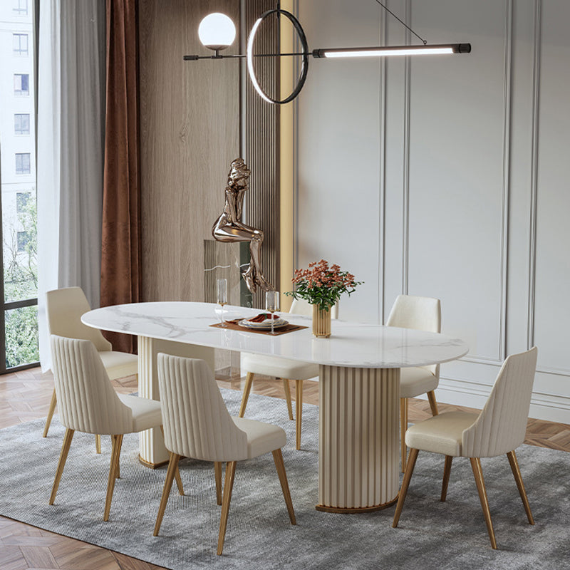 Traditional Luxury Oval Dining Room Table White Sintered Stone Table with Double Pedestal Clearhalo ' dining_table' 'Dining Tables & Seating' 'Dining Tables' 'furn' 'furn_dining_table' 'Furniture' 'furniture_dining_table' 'Kitchen & Dining Furniture' 'kitchen&dining_furn' 'kitchen' 'kitchen_dining_table' 3864928