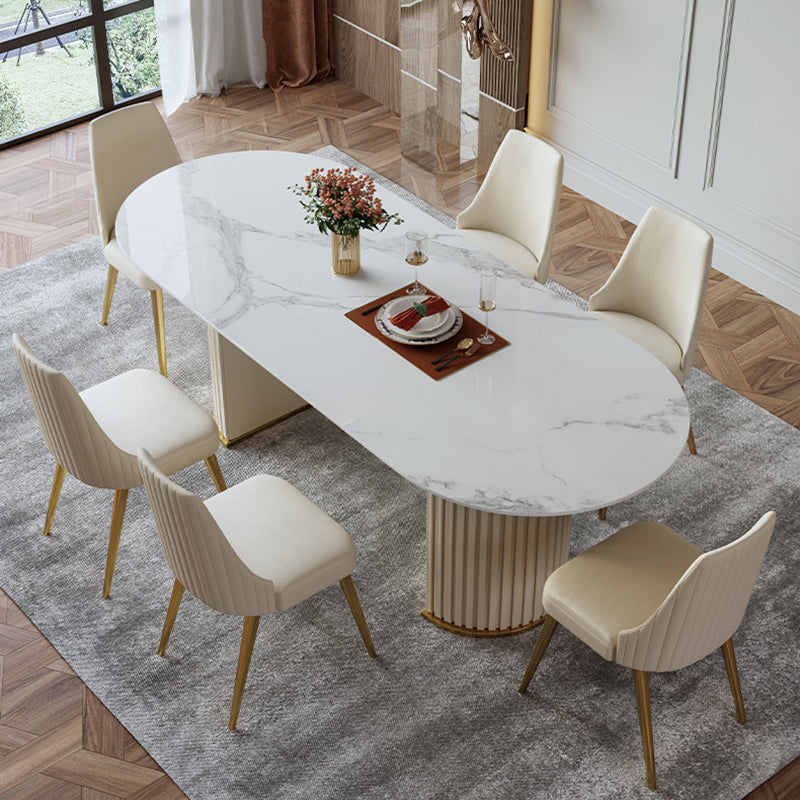 Traditional Luxury Oval Dining Room Table White Sintered Stone Table with Double Pedestal Clearhalo ' dining_table' 'Dining Tables & Seating' 'Dining Tables' 'furn' 'furn_dining_table' 'Furniture' 'furniture_dining_table' 'Kitchen & Dining Furniture' 'kitchen&dining_furn' 'kitchen' 'kitchen_dining_table' 3864930