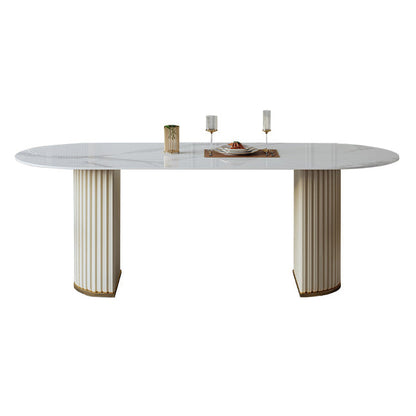 Traditional Luxury Oval Dining Room Table White Sintered Stone Table with Double Pedestal Without Chairs Clearhalo ' dining_table' 'Dining Tables & Seating' 'Dining Tables' 'furn' 'furn_dining_table' 'Furniture' 'furniture_dining_table' 'Kitchen & Dining Furniture' 'kitchen&dining_furn' 'kitchen' 'kitchen_dining_table' 3864932