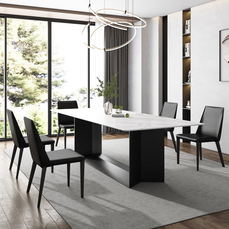 Glam White Kitchen Dining Table Sintered Stone Standard Dining Table with Trestle Base Clearhalo ' dining_table' 'Dining Tables & Seating' 'Dining Tables' 'furn' 'furn_dining_table' 'Furniture' 'furniture_dining_table' 'Kitchen & Dining Furniture' 'kitchen&dining_furn' 'kitchen' 'kitchen_dining_table' 3875638