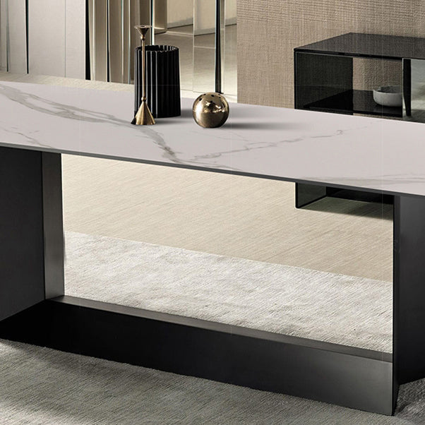 Glam White Kitchen Dining Table Sintered Stone Standard Dining Table with Trestle Base Clearhalo ' dining_table' 'Dining Tables & Seating' 'Dining Tables' 'furn' 'furn_dining_table' 'Furniture' 'furniture_dining_table' 'Kitchen & Dining Furniture' 'kitchen&dining_furn' 'kitchen' 'kitchen_dining_table' 3875642