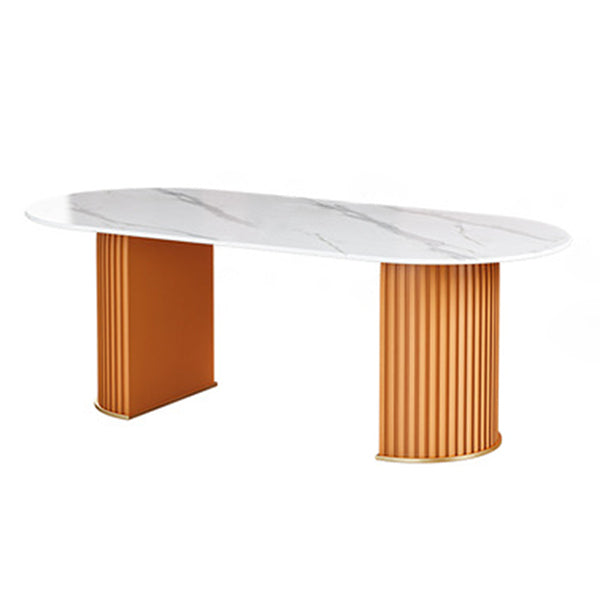 Oval Sintered Stone White Tone Dining Table Glam Double Pedestal Table for Dining Room Orange Without Chairs Clearhalo ' dining_table' 'Dining Tables & Seating' 'Dining Tables' 'furn' 'furn_dining_table' 'Furniture' 'furniture_dining_table' 'Kitchen & Dining Furniture' 'kitchen&dining_furn' 'kitchen' 'kitchen_dining_table' 3875718
