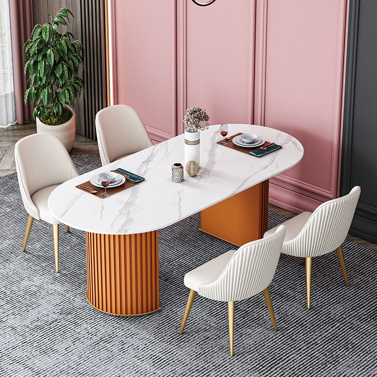 Oval Sintered Stone White Tone Dining Table Glam Double Pedestal Table for Dining Room Clearhalo ' dining_table' 'Dining Tables & Seating' 'Dining Tables' 'furn' 'furn_dining_table' 'Furniture' 'furniture_dining_table' 'Kitchen & Dining Furniture' 'kitchen&dining_furn' 'kitchen' 'kitchen_dining_table' 3875721