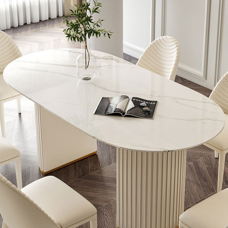 Oval Sintered Stone White Tone Dining Table Glam Double Pedestal Table for Dining Room Clearhalo ' dining_table' 'Dining Tables & Seating' 'Dining Tables' 'furn' 'furn_dining_table' 'Furniture' 'furniture_dining_table' 'Kitchen & Dining Furniture' 'kitchen&dining_furn' 'kitchen' 'kitchen_dining_table' 3875729