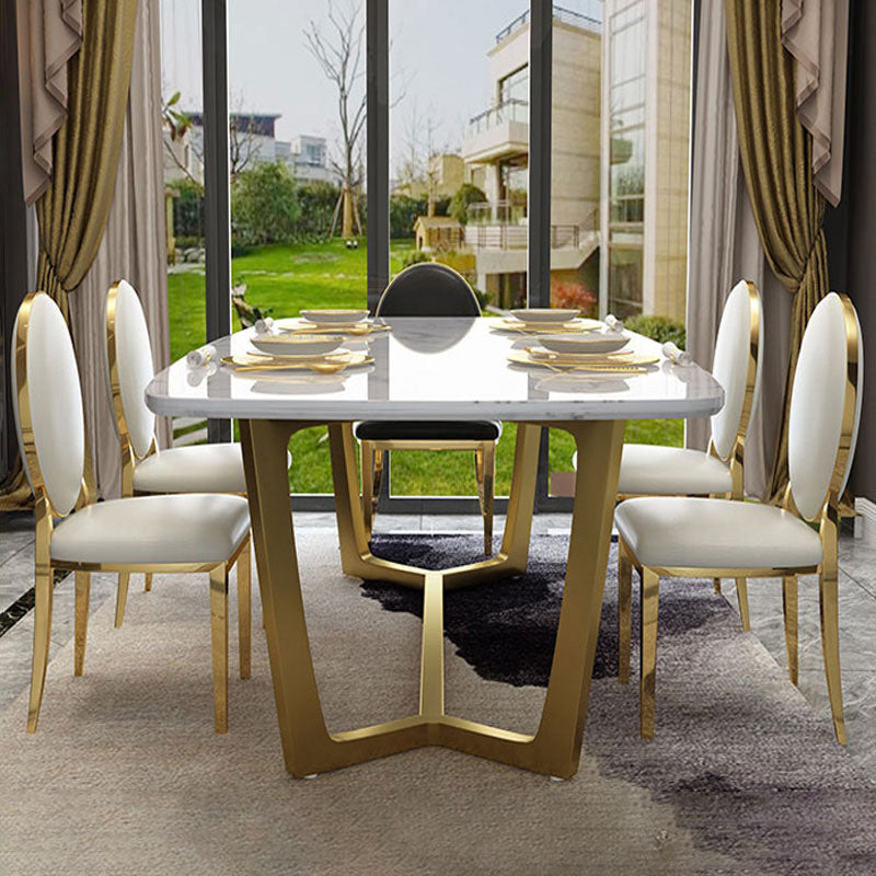 Metal Traditional Luxury Rectangular Table Sintered Stone Indoor Table with Trestle Clearhalo ' dining_table' 'Dining Tables & Seating' 'Dining Tables' 'furn' 'furn_dining_table' 'Furniture' 'furniture_dining_table' 'Kitchen & Dining Furniture' 'kitchen&dining_furn' 'kitchen' 'kitchen_dining_table' 3876371
