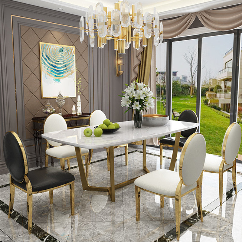 Metal Traditional Luxury Rectangular Table Sintered Stone Indoor Table with Trestle Clearhalo ' dining_table' 'Dining Tables & Seating' 'Dining Tables' 'furn' 'furn_dining_table' 'Furniture' 'furniture_dining_table' 'Kitchen & Dining Furniture' 'kitchen&dining_furn' 'kitchen' 'kitchen_dining_table' 3876372