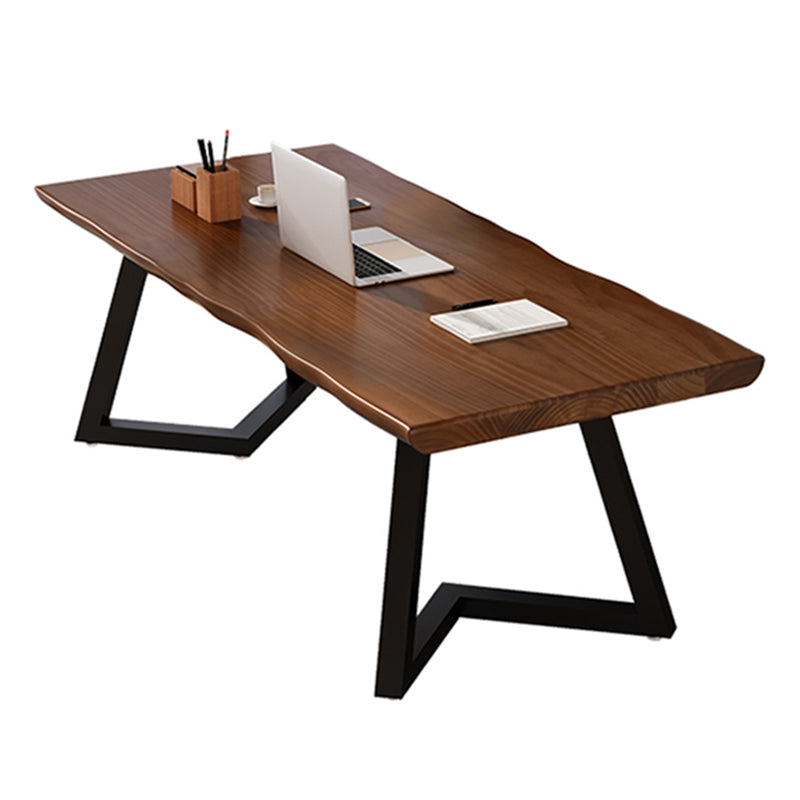 Rectangle Double Pedestal Industrial Dining Table Wood Color Fixed Table of Solid Wood Without Chairs Clearhalo ' dining_table' 'Dining Tables & Seating' 'Dining Tables' 'furn' 'furn_dining_table' 'Furniture' 'furniture_dining_table' 'Kitchen & Dining Furniture' 'kitchen&dining_furn' 'kitchen' 'kitchen_dining_table' 3886146