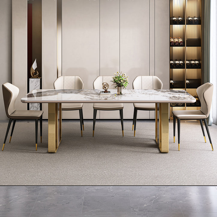 Traditional Luxury Sintered Stone Top Dining Table Rectangle Table With Metal Double Pedestal Clearhalo ' dining_table' 'Dining Tables & Seating' 'Dining Tables' 'furn' 'furn_dining_table' 'Furniture' 'furniture_dining_table' 'Kitchen & Dining Furniture' 'kitchen&dining_furn' 'kitchen' 'kitchen_dining_table' 3886656