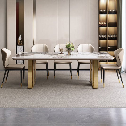 Traditional Luxury Sintered Stone Top Dining Table Rectangle Table With Metal Double Pedestal