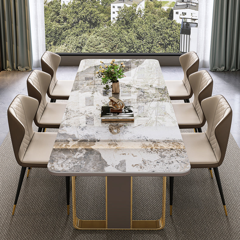 Traditional Luxury Sintered Stone Top Dining Table Rectangle Table With Metal Double Pedestal Clearhalo ' dining_table' 'Dining Tables & Seating' 'Dining Tables' 'furn' 'furn_dining_table' 'Furniture' 'furniture_dining_table' 'Kitchen & Dining Furniture' 'kitchen&dining_furn' 'kitchen' 'kitchen_dining_table' 3886657