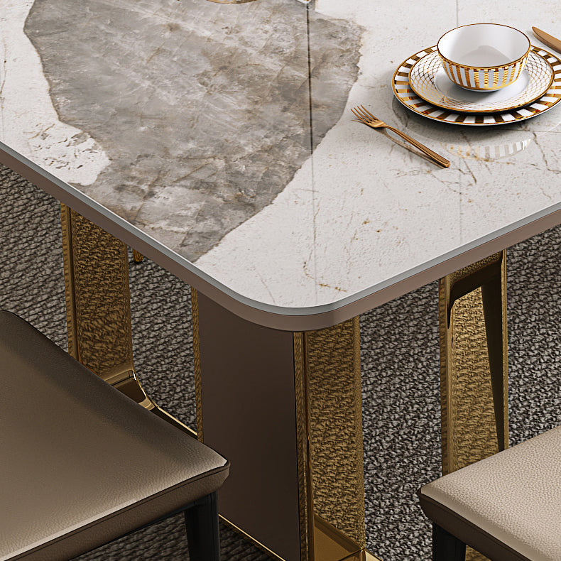 Traditional Luxury Sintered Stone Top Dining Table Rectangle Table With Metal Double Pedestal Clearhalo ' dining_table' 'Dining Tables & Seating' 'Dining Tables' 'furn' 'furn_dining_table' 'Furniture' 'furniture_dining_table' 'Kitchen & Dining Furniture' 'kitchen&dining_furn' 'kitchen' 'kitchen_dining_table' 3886661