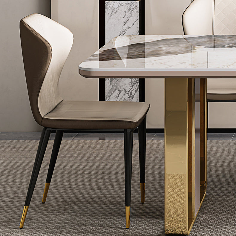 Traditional Luxury Sintered Stone Top Dining Table Rectangle Table With Metal Double Pedestal Clearhalo ' dining_table' 'Dining Tables & Seating' 'Dining Tables' 'furn' 'furn_dining_table' 'Furniture' 'furniture_dining_table' 'Kitchen & Dining Furniture' 'kitchen&dining_furn' 'kitchen' 'kitchen_dining_table' 3886662