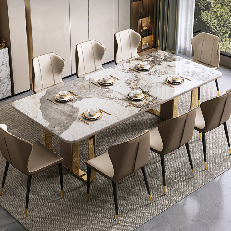Traditional Luxury Sintered Stone Top Dining Table Rectangle Table With Metal Double Pedestal Clearhalo ' dining_table' 'Dining Tables & Seating' 'Dining Tables' 'furn' 'furn_dining_table' 'Furniture' 'furniture_dining_table' 'Kitchen & Dining Furniture' 'kitchen&dining_furn' 'kitchen' 'kitchen_dining_table' 3886665