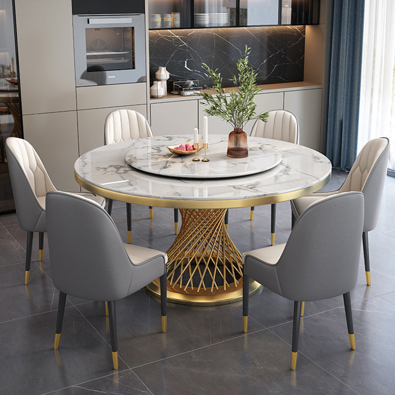 Rotatable Sintered Stone Top Round Table in White Glam Dining Table with Metal Pedestal Clearhalo ' dining_table' 'Dining Tables & Seating' 'Dining Tables' 'furn' 'furn_dining_table' 'Furniture' 'furniture_dining_table' 'Kitchen & Dining Furniture' 'kitchen&dining_furn' 'kitchen' 'kitchen_dining_table' 3901223