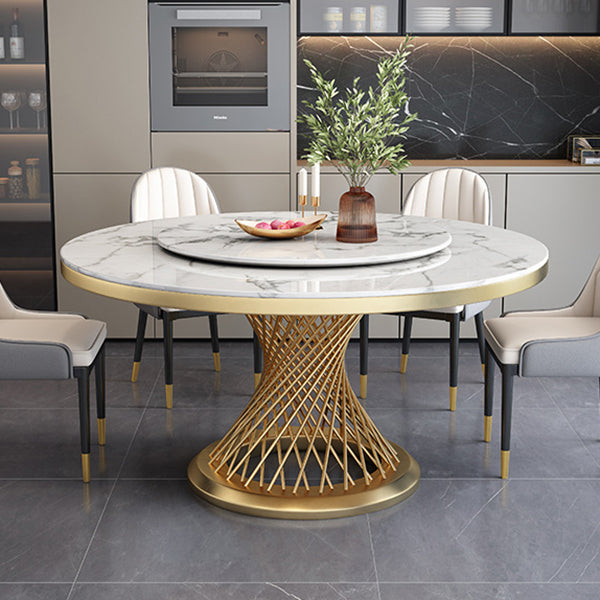 Rotatable Sintered Stone Top Round Table in White Glam Dining Table with Metal Pedestal Clearhalo ' dining_table' 'Dining Tables & Seating' 'Dining Tables' 'furn' 'furn_dining_table' 'Furniture' 'furniture_dining_table' 'Kitchen & Dining Furniture' 'kitchen&dining_furn' 'kitchen' 'kitchen_dining_table' 3901227