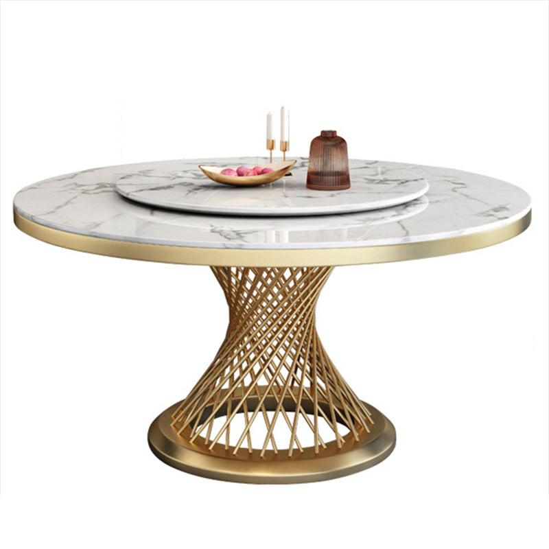 Rotatable Sintered Stone Top Round Table in White Glam Dining Table with Metal Pedestal Gold Without Chairs Clearhalo ' dining_table' 'Dining Tables & Seating' 'Dining Tables' 'furn' 'furn_dining_table' 'Furniture' 'furniture_dining_table' 'Kitchen & Dining Furniture' 'kitchen&dining_furn' 'kitchen' 'kitchen_dining_table' 3901228