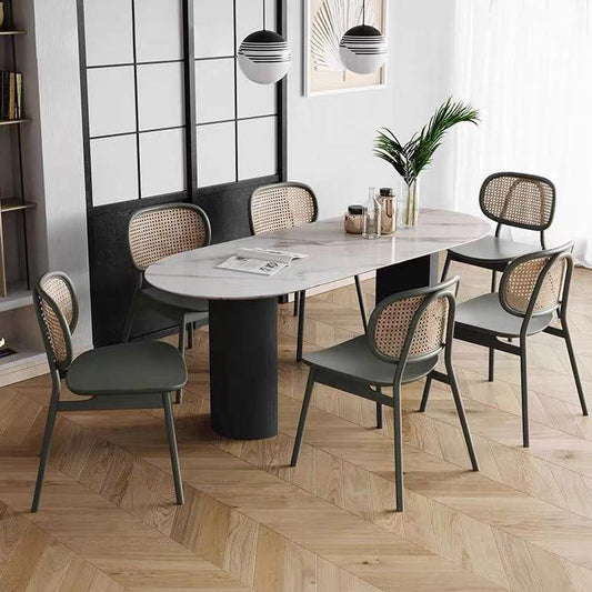 Oval Sintered Stone Dining Table Modern Table in White with Metal Double Pedestal for Restaurant