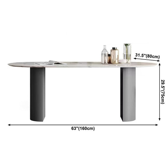 Oval Sintered Stone Dining Table Modern Table in White with Metal Double Pedestal for Restaurant