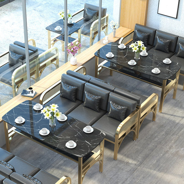 Industrial Sintered Stone Dinner Room Kitchen Table Black Table with Gold Frame Clearhalo ' dining_table' 'Dining Tables & Seating' 'Dining Tables' 'furn' 'furn_dining_table' 'Furniture' 'furniture_dining_table' 'Kitchen & Dining Furniture' 'kitchen&dining_furn' 'kitchen' 'kitchen_dining_table' 3901875