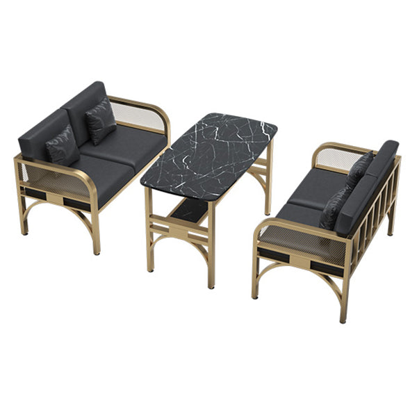 Industrial Sintered Stone Dinner Room Kitchen Table Black Table with Gold Frame Clearhalo ' dining_table' 'Dining Tables & Seating' 'Dining Tables' 'furn' 'furn_dining_table' 'Furniture' 'furniture_dining_table' 'Kitchen & Dining Furniture' 'kitchen&dining_furn' 'kitchen' 'kitchen_dining_table' 3901883