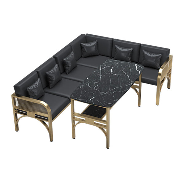 Industrial Sintered Stone Dinner Room Kitchen Table Black Table with Gold Frame Clearhalo ' dining_table' 'Dining Tables & Seating' 'Dining Tables' 'furn' 'furn_dining_table' 'Furniture' 'furniture_dining_table' 'Kitchen & Dining Furniture' 'kitchen&dining_furn' 'kitchen' 'kitchen_dining_table' 3901884