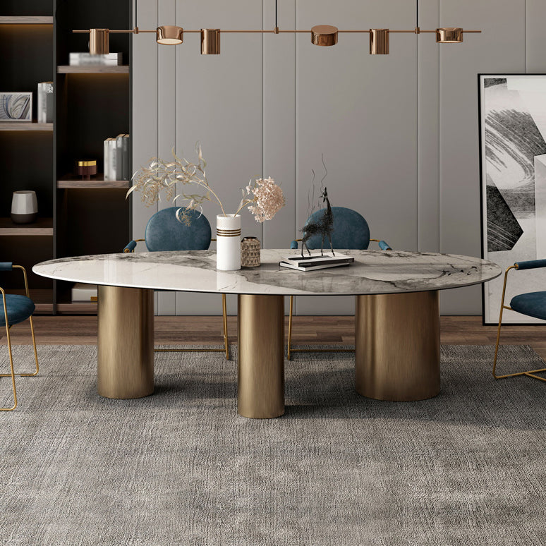 Oval Sintered Stone Dining Table Luxury Table in White with Metal 3 Legs Base Clearhalo ' dining_table' 'Dining Tables & Seating' 'Dining Tables' 'furn' 'furn_dining_table' 'Furniture' 'furniture_dining_table' 'Kitchen & Dining Furniture' 'kitchen&dining_furn' 'kitchen' 'kitchen_dining_table' 3901924