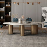 Oval Sintered Stone Dining Table Luxury Table in White with Metal 3 Legs Base Clearhalo ' dining_table' 'Dining Tables & Seating' 'Dining Tables' 'furn' 'furn_dining_table' 'Furniture' 'furniture_dining_table' 'Kitchen & Dining Furniture' 'kitchen&dining_furn' 'kitchen' 'kitchen_dining_table' 3901924