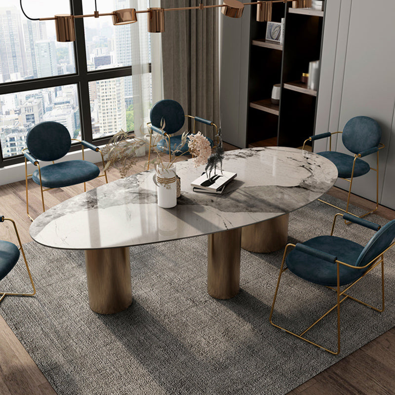 Oval Sintered Stone Dining Table Luxury Table in White with Metal 3 Legs Base Clearhalo ' dining_table' 'Dining Tables & Seating' 'Dining Tables' 'furn' 'furn_dining_table' 'Furniture' 'furniture_dining_table' 'Kitchen & Dining Furniture' 'kitchen&dining_furn' 'kitchen' 'kitchen_dining_table' 3901926