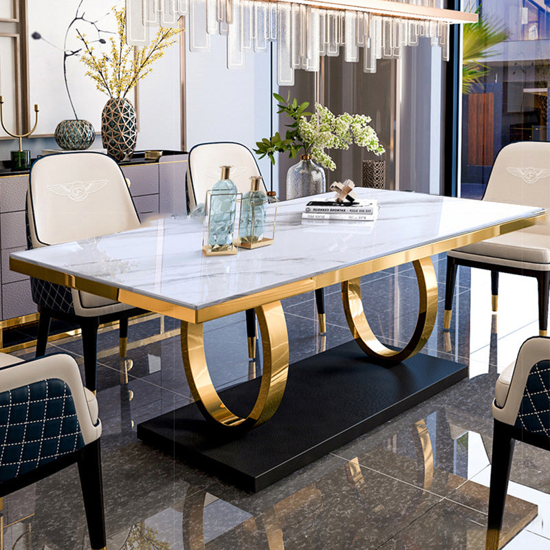Traditional Luxury Rectangle Dining Table Sintered Stone Table with Trestle Base White Without Chairs Clearhalo ' dining_table' 'Dining Tables & Seating' 'Dining Tables' 'furn' 'furn_dining_table' 'Furniture' 'furniture_dining_table' 'Kitchen & Dining Furniture' 'kitchen&dining_furn' 'kitchen' 'kitchen_dining_table' 3902100