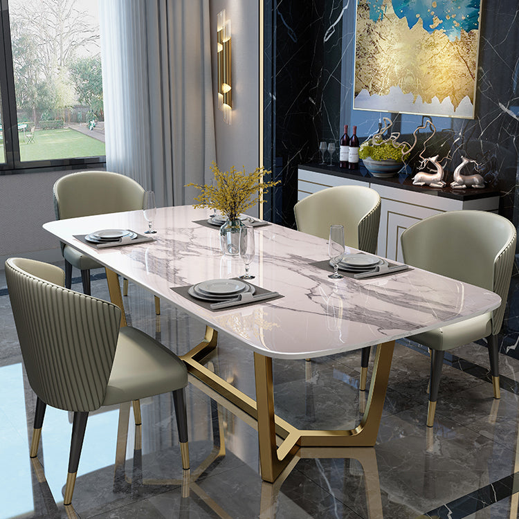 Marble White Tone Dining Table Glam Style Trestle Base Table for Dining Room Clearhalo ' dining_table' 'Dining Tables & Seating' 'Dining Tables' 'furn' 'furn_dining_table' 'Furniture' 'furniture_dining_table' 'Kitchen & Dining Furniture' 'kitchen&dining_furn' 'kitchen' 'kitchen_dining_table' 3902183