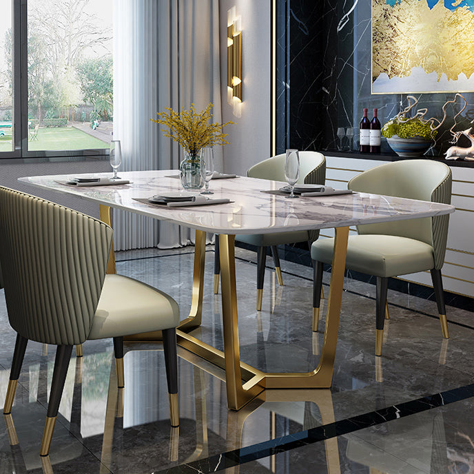 Marble White Tone Dining Table Glam Style Trestle Base Table for Dining Room Clearhalo ' dining_table' 'Dining Tables & Seating' 'Dining Tables' 'furn' 'furn_dining_table' 'Furniture' 'furniture_dining_table' 'Kitchen & Dining Furniture' 'kitchen&dining_furn' 'kitchen' 'kitchen_dining_table' 3902185