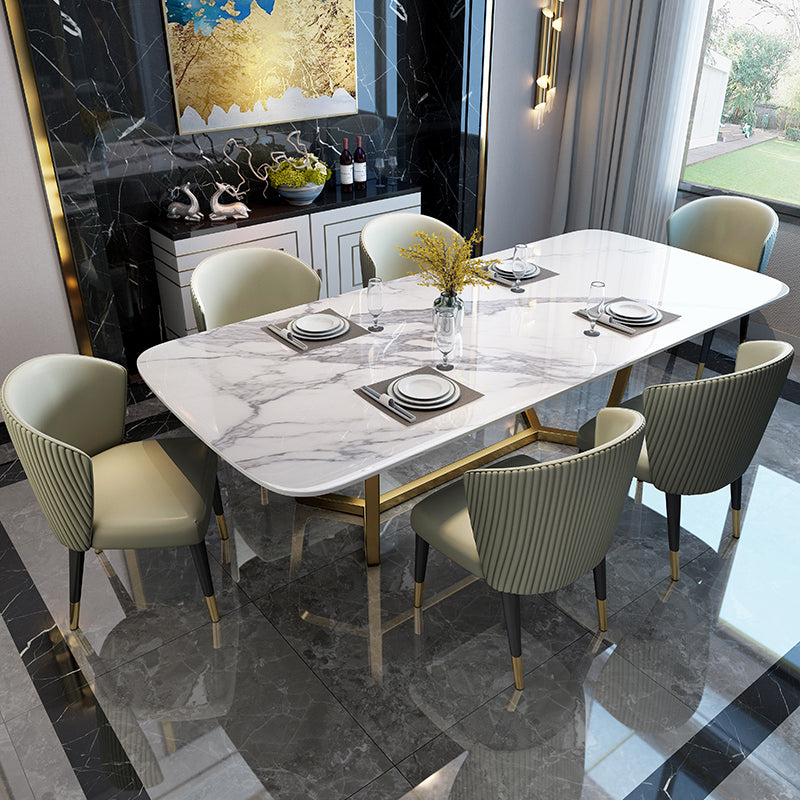 Marble White Tone Dining Table Glam Style Trestle Base Table for Dining Room Clearhalo ' dining_table' 'Dining Tables & Seating' 'Dining Tables' 'furn' 'furn_dining_table' 'Furniture' 'furniture_dining_table' 'Kitchen & Dining Furniture' 'kitchen&dining_furn' 'kitchen' 'kitchen_dining_table' 3902186