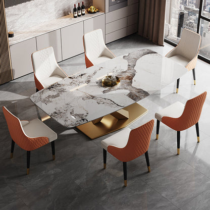 Glam Sintered Stone Rectangle Dining Table Kitchen Standard Dining Table with Pedestal Base Pandora Gold Gold Clearhalo ' dining_table' 'Dining Tables & Seating' 'Dining Tables' 'furn' 'furn_dining_table' 'Furniture' 'furniture_dining_table' 'Kitchen & Dining Furniture' 'kitchen&dining_furn' 'kitchen' 'kitchen_dining_table' 3902409
