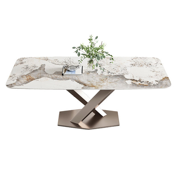 Metal Traditional Luxury Rectangular Dining Table Sintered Stone Table with Pedestal Without Chairs Clearhalo ' dining_table' 'Dining Tables & Seating' 'Dining Tables' 'furn' 'furn_dining_table' 'Furniture' 'furniture_dining_table' 'Kitchen & Dining Furniture' 'kitchen&dining_furn' 'kitchen' 'kitchen_dining_table' 3902445